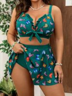 Swim Mod 2 peças/Conjunto Maiô Tankini Estampado de Borboleta com Bainha Plissada em Plus Size para Mulheres, Uso Casual de Férias e Diário